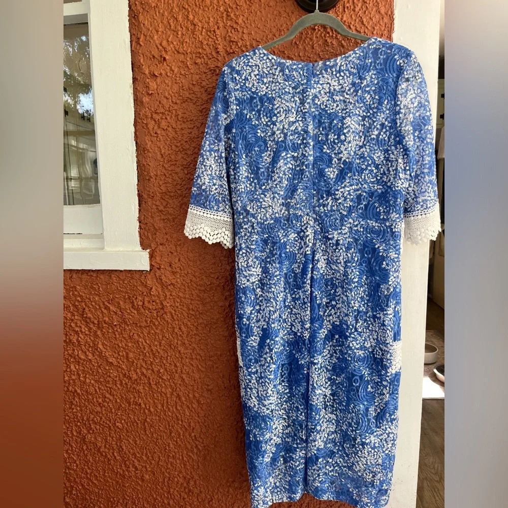 Rabbit Rabbit Rabbit Designs Knee Length Lace White/Blue Dress Size 12 - Picture 6 of 7